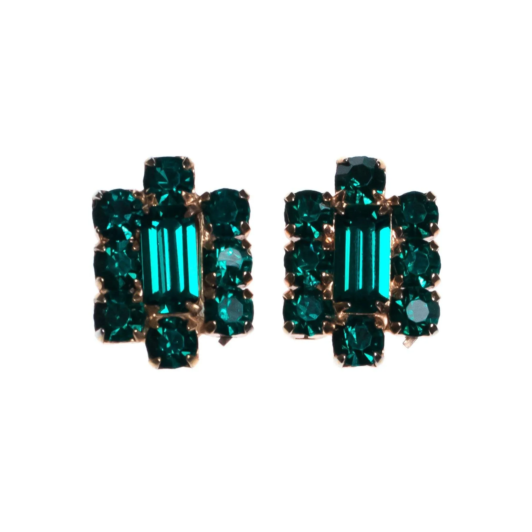 Vintage 1940s Gilt Gold Earrings with Emerald Cut Crystals