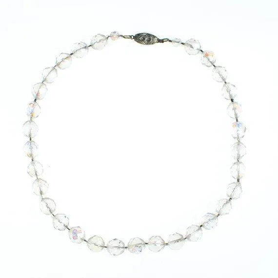 Vintage 1950 Era Round Faceted Aurora Borealis Crystal Single Strand Beaded Necklace
