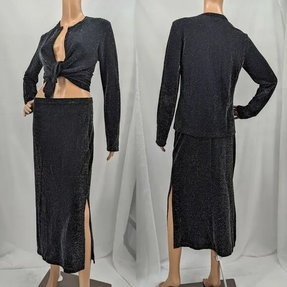 Vintage 1990s Nexxen Skirt and Cardigan 2 Piece Set Gray Metallic Silver Size M