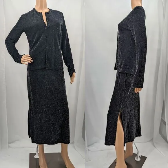 Vintage 1990s Nexxen Skirt and Cardigan 2 Piece Set Gray Metallic Silver Size M