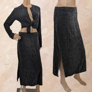Vintage 1990s Nexxen Skirt and Cardigan 2 Piece Set Gray Metallic Silver Size M