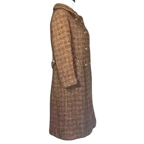 Vintage 60s Mod Brown Wool Tweed Long Formal Dress Coat XS Union Made. Has Flaws