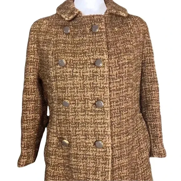 Vintage 60s Mod Brown Wool Tweed Long Formal Dress Coat XS Union Made. Has Flaws