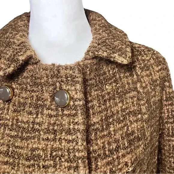Vintage 60s Mod Brown Wool Tweed Long Formal Dress Coat XS Union Made. Has Flaws