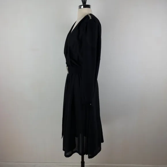 Vintage 80s Black Cocktail Dress Large Silver Beaded Drape Front Evening Formal