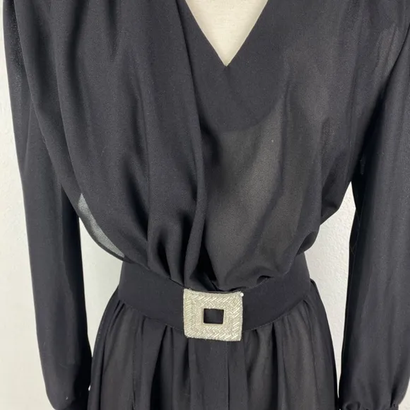 Vintage 80s Black Cocktail Dress Large Silver Beaded Drape Front Evening Formal