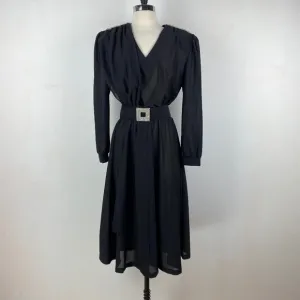 Vintage 80s Black Cocktail Dress Large Silver Beaded Drape Front Evening Formal