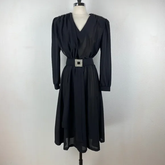 Vintage 80s Black Cocktail Dress Large Silver Beaded Drape Front Evening Formal