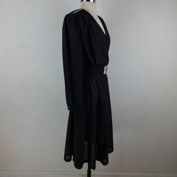Vintage 80s Black Cocktail Dress Large Silver Beaded Drape Front Evening Formal