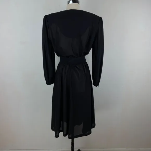Vintage 80s Black Cocktail Dress Large Silver Beaded Drape Front Evening Formal