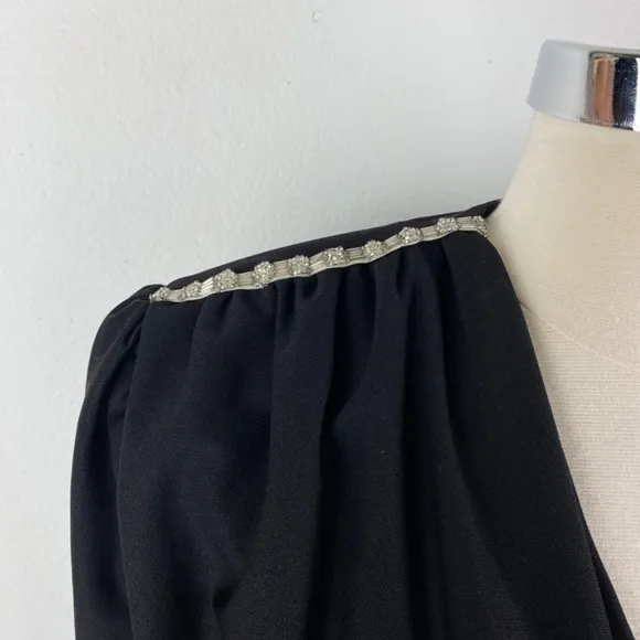 Vintage 80s Black Cocktail Dress Large Silver Beaded Drape Front Evening Formal
