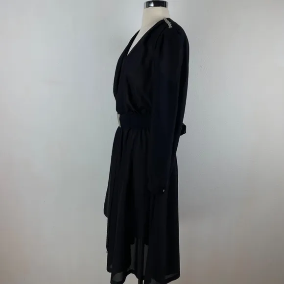 Vintage 80s Black Cocktail Dress Large Silver Beaded Drape Front Evening Formal