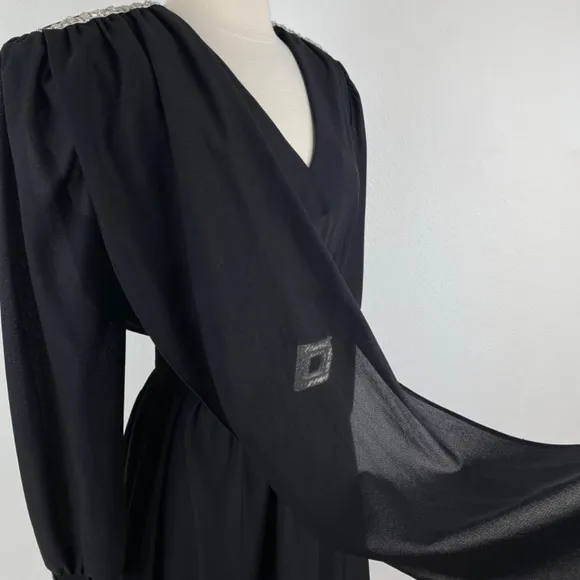 Vintage 80s Black Cocktail Dress Large Silver Beaded Drape Front Evening Formal