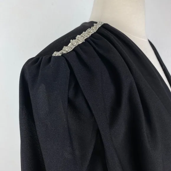 Vintage 80s Black Cocktail Dress Large Silver Beaded Drape Front Evening Formal