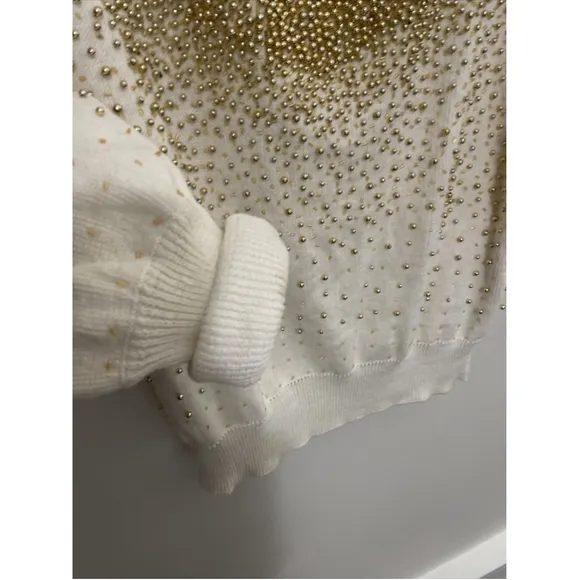 Vintage 80’s Bonnie Bower Beaded Sweater Cream Gold S Party Disco Grannie