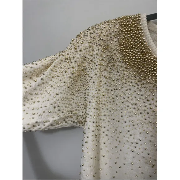 Vintage 80’s Bonnie Bower Beaded Sweater Cream Gold S Party Disco Grannie