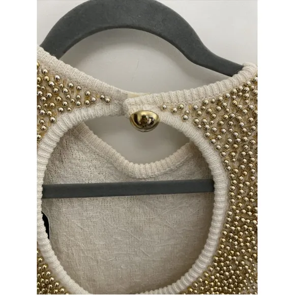 Vintage 80’s Bonnie Bower Beaded Sweater Cream Gold S Party Disco Grannie