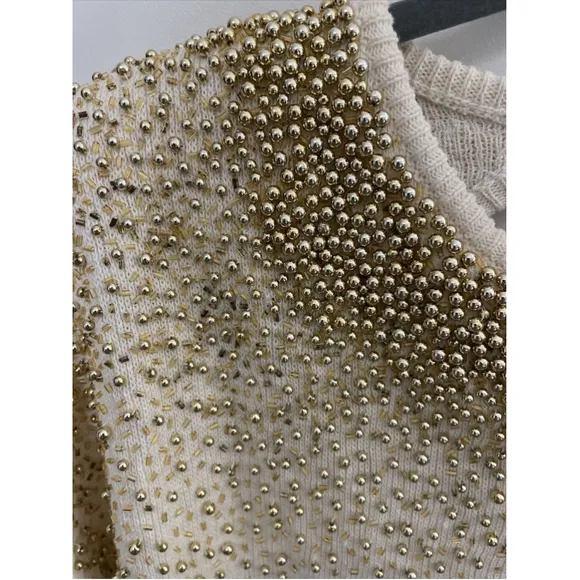 Vintage 80’s Bonnie Bower Beaded Sweater Cream Gold S Party Disco Grannie