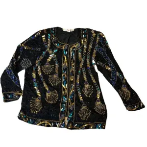 Vintage 80s Laurence Kazar Colorful Tassel Sequin Silk Jacket Size 2XL STUNNING!