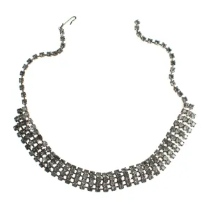 Vintage Art Deco Four Row Rhinestone Choker Necklace Set in Silver Tone