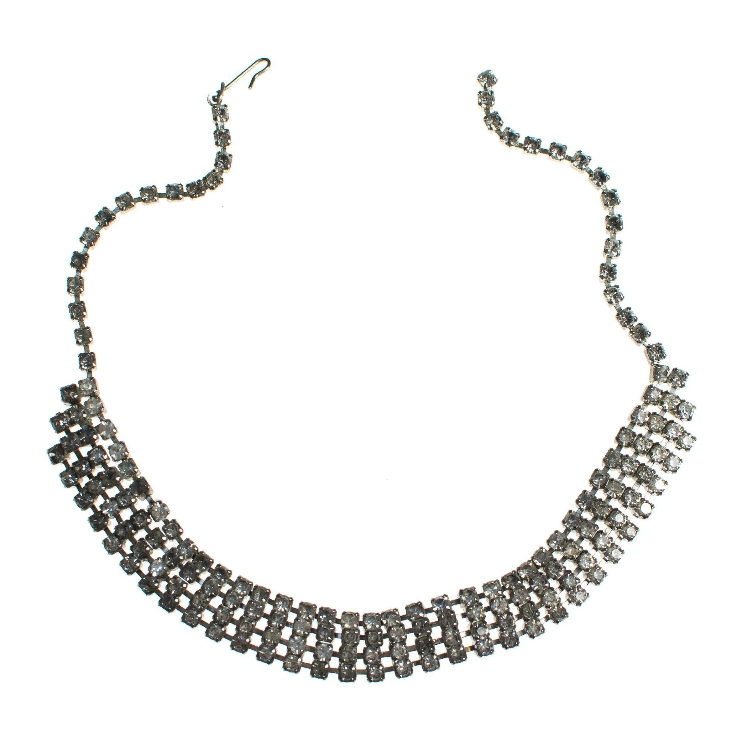Vintage Art Deco Four Row Rhinestone Choker Necklace Set in Silver Tone