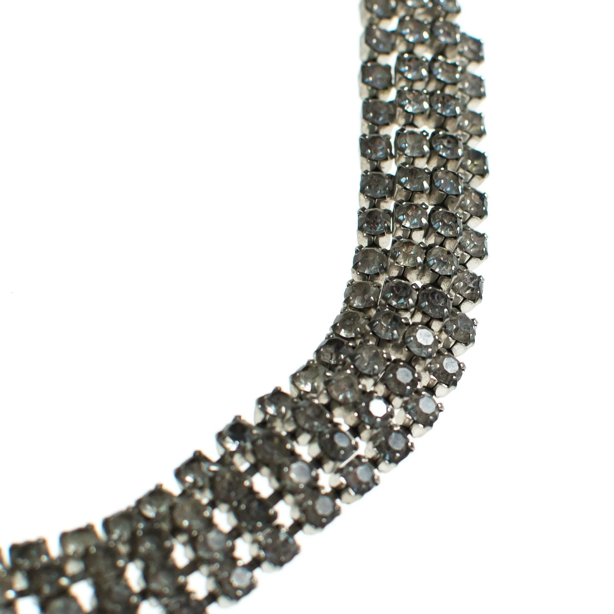 Vintage Art Deco Four Row Rhinestone Choker Necklace Set in Silver Tone