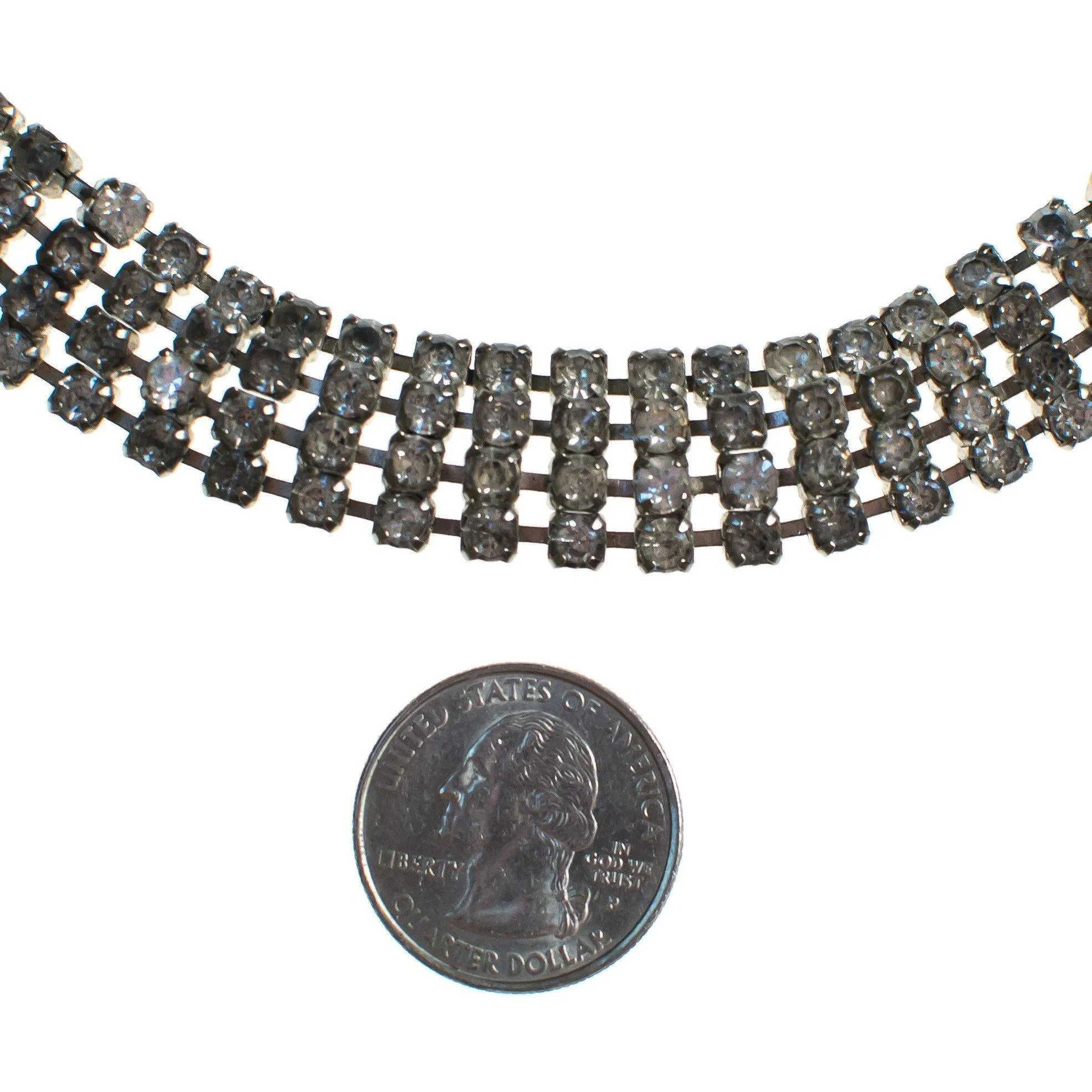 Vintage Art Deco Four Row Rhinestone Choker Necklace Set in Silver Tone