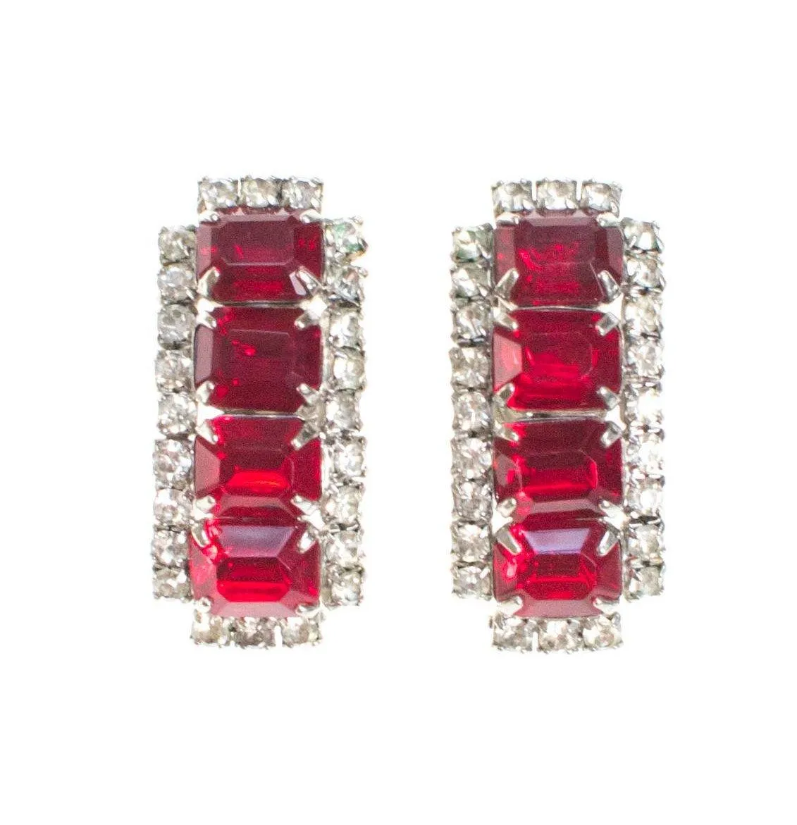 Vintage Art Deco Ruby Red Rhinestone Statement Earrings