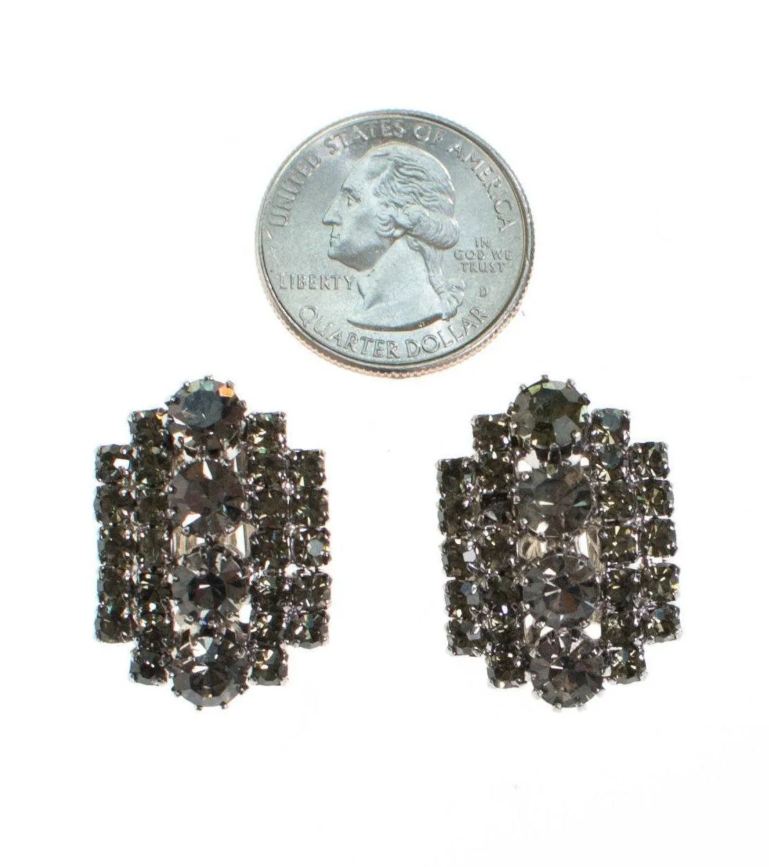 Vintage Black Diamond Crystal Rhinestone Earrings, Clip On