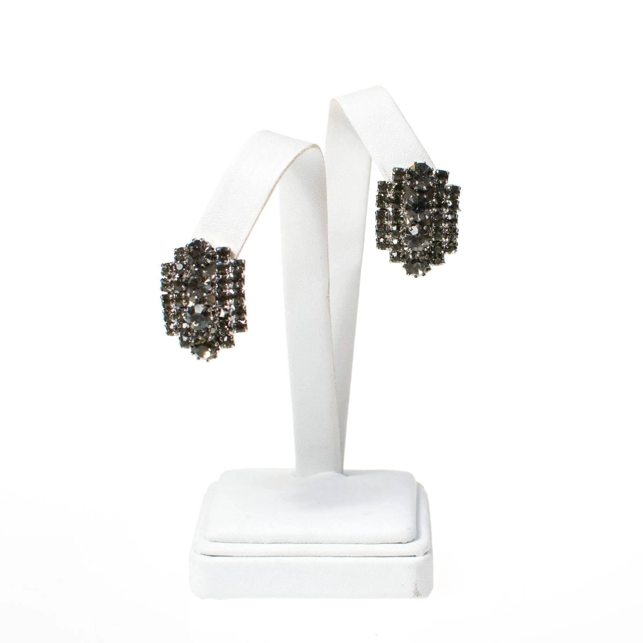 Vintage Black Diamond Crystal Rhinestone Earrings, Clip On