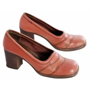 Vintage Burnt Orange Leather Heels Chunky Shoes 1970s Womens 6.5
