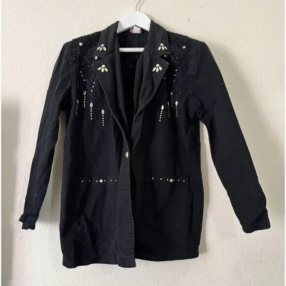 Vintage Cactus California Womens Floral Embellished Blazer Jacket Small Black