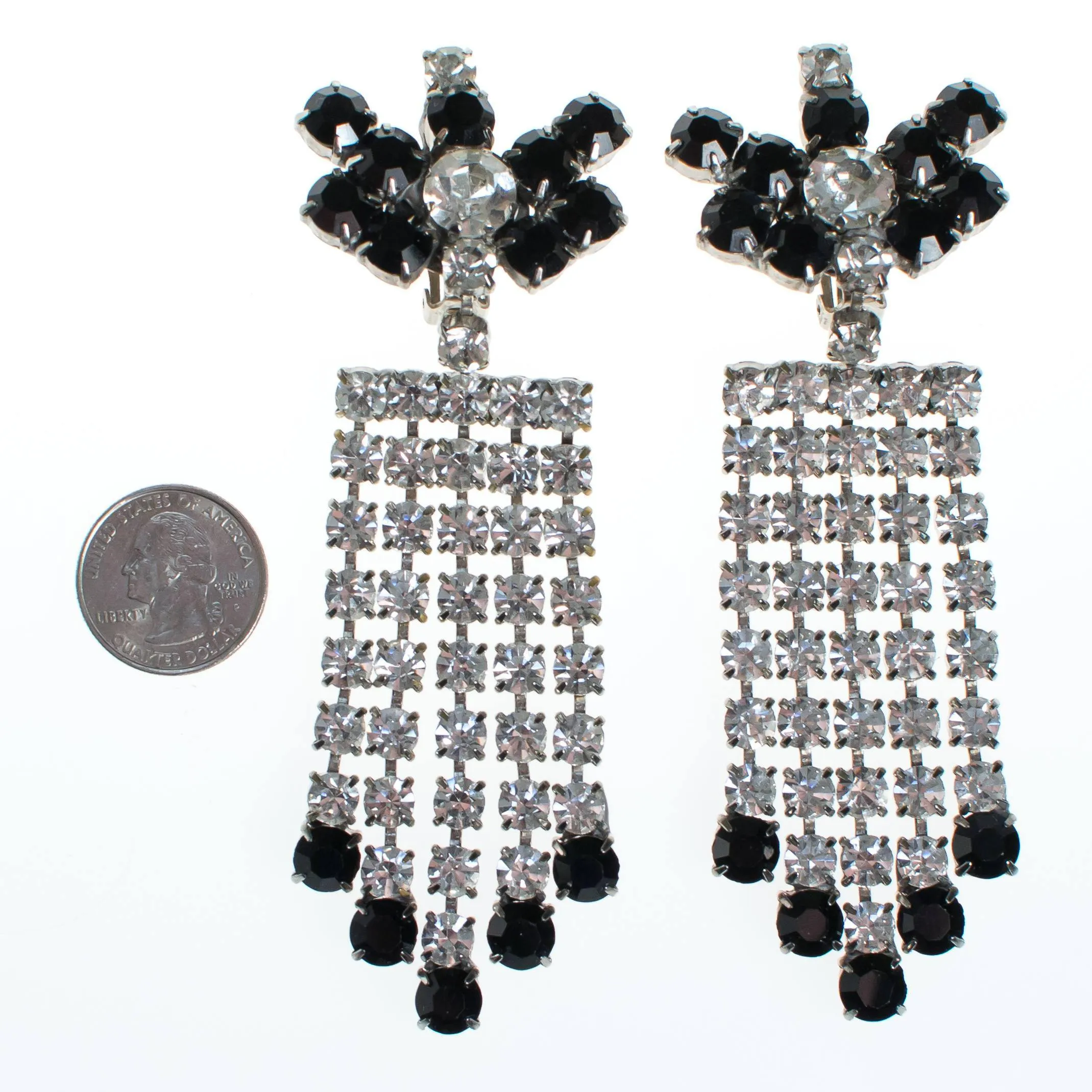 Vintage Clear and Crystal and Jet Black Rhinestone Chandelier Earrings
