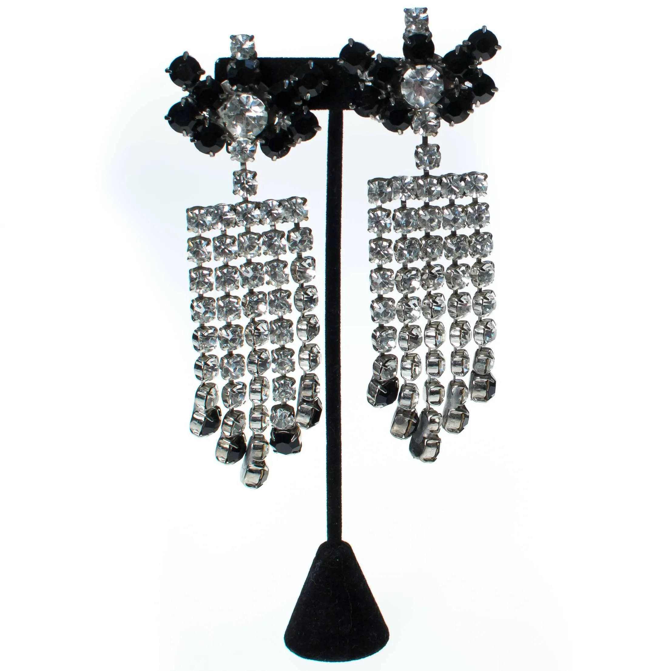 Vintage Clear and Crystal and Jet Black Rhinestone Chandelier Earrings