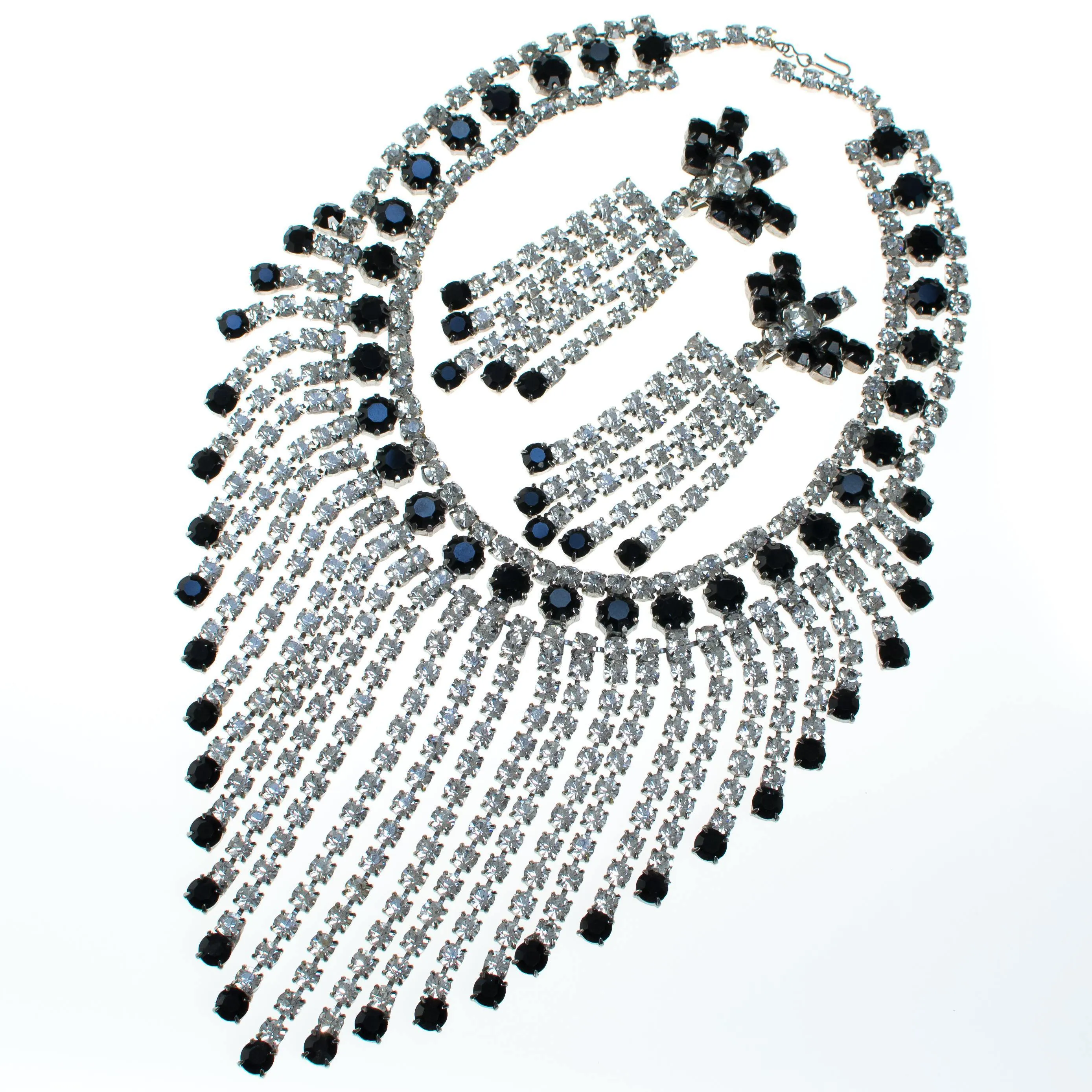 Vintage Clear and Crystal and Jet Black Rhinestone Chandelier Earrings