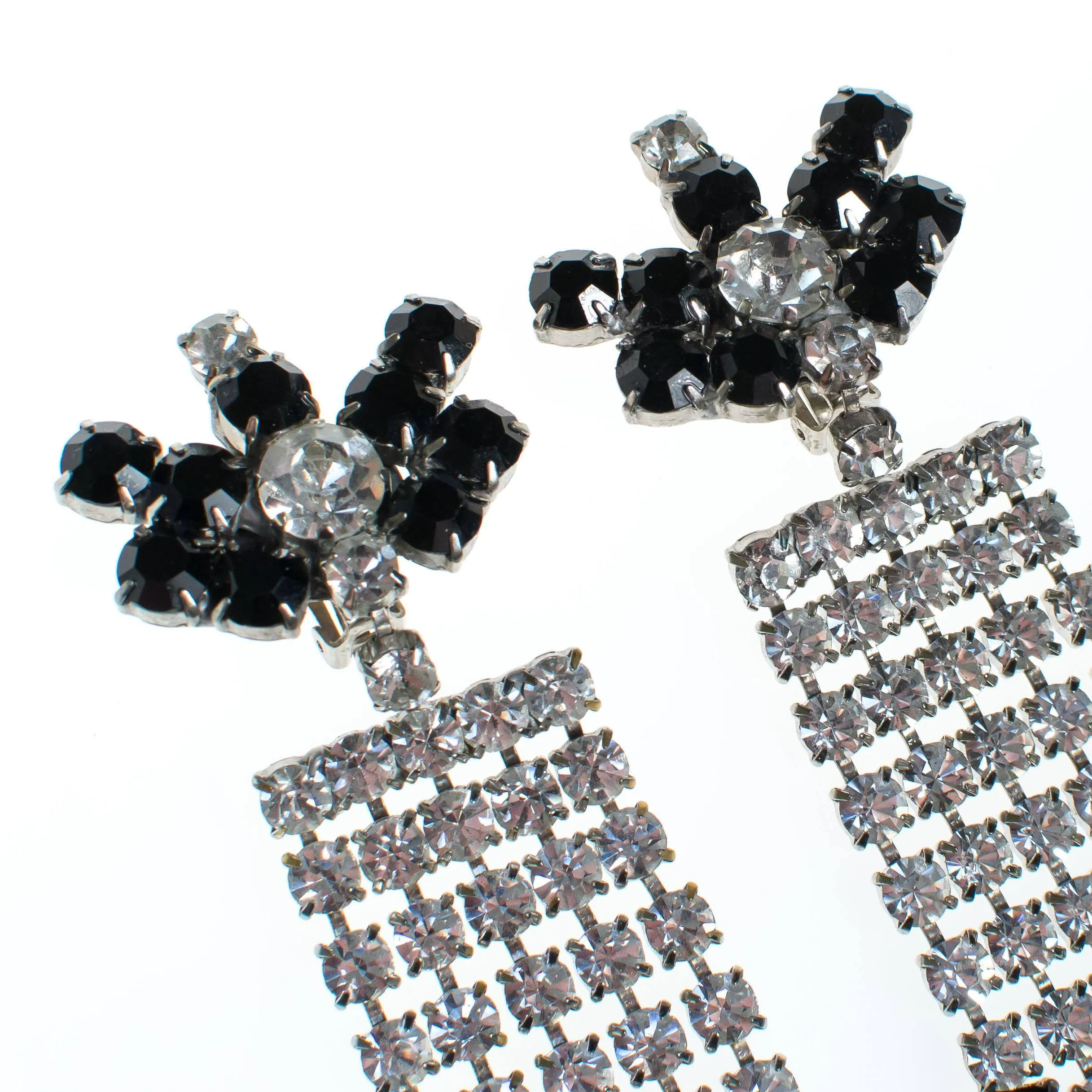 Vintage Clear and Crystal and Jet Black Rhinestone Chandelier Earrings