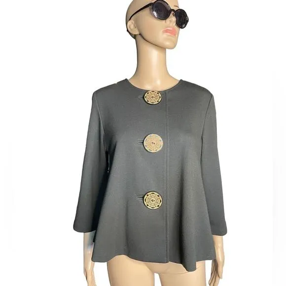Vintage Coldwater Creek Blazer Career Formal Big Wood Buttons Stretch Top Gray