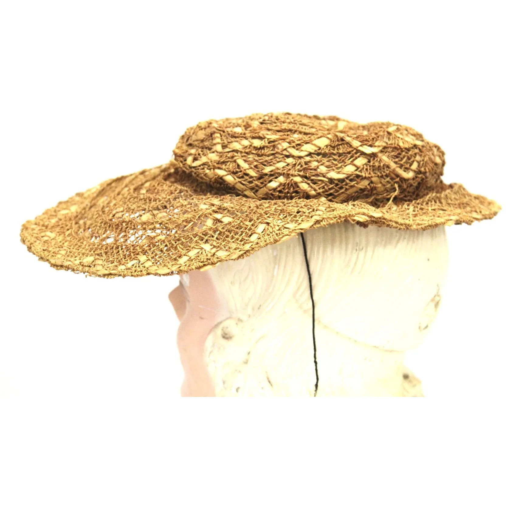 Vintage Gage Wide Brimmed Straw Hat Natural Open Weave 1930s O/S Guernsey Pie