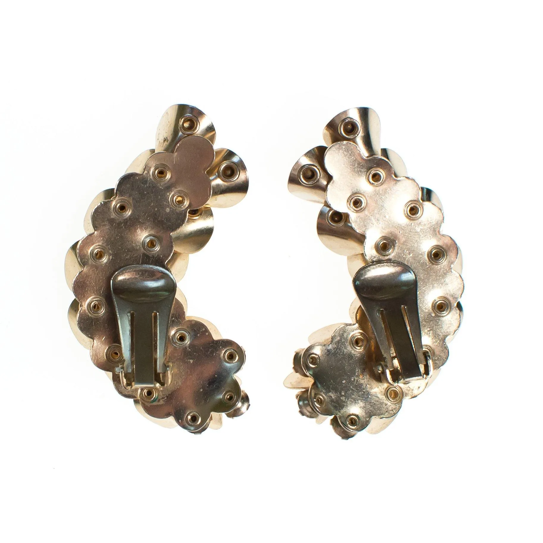 Vintage Gold Wave and Rhinestone Ear Crawler Statement Earrings, Clip On