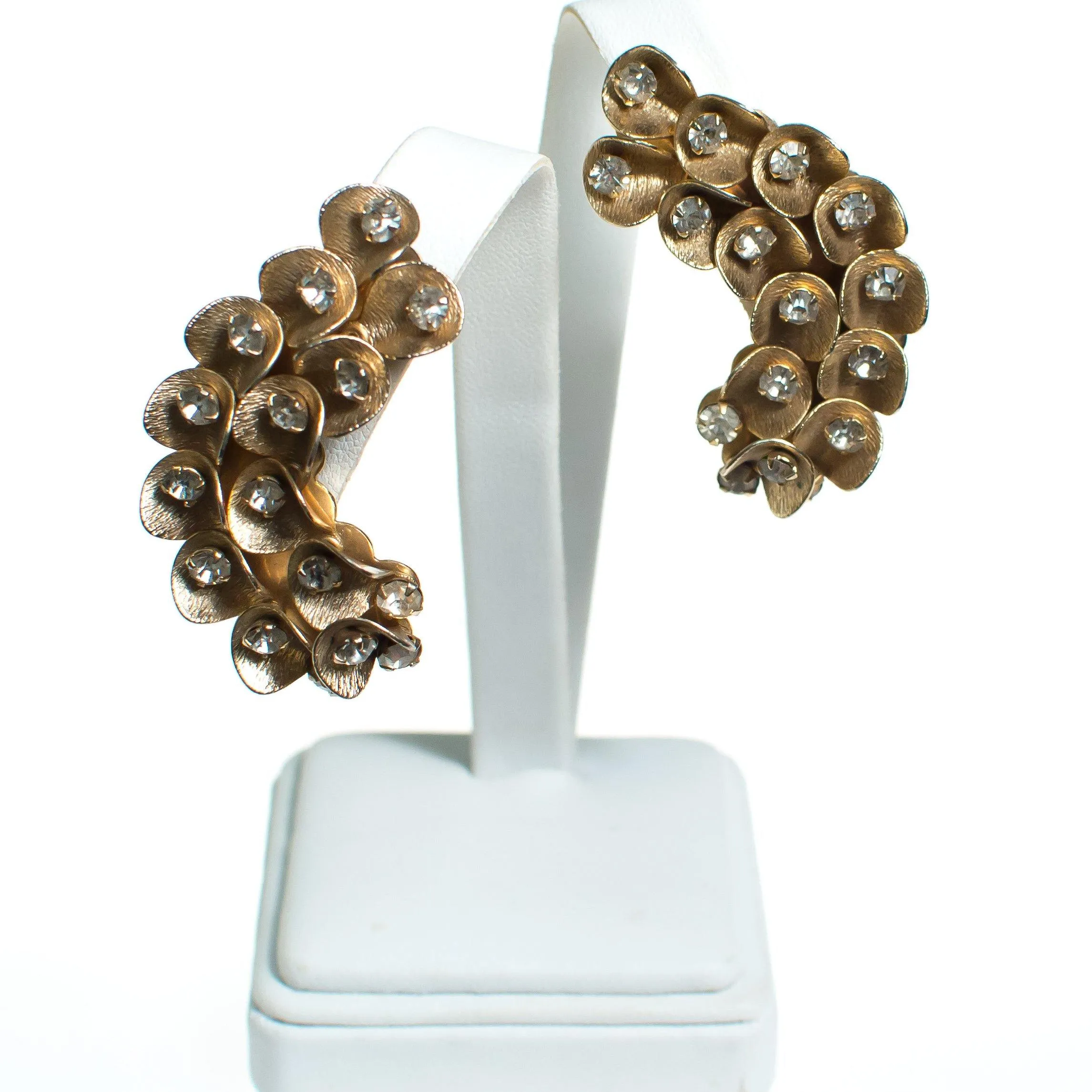 Vintage Gold Wave and Rhinestone Ear Crawler Statement Earrings, Clip On
