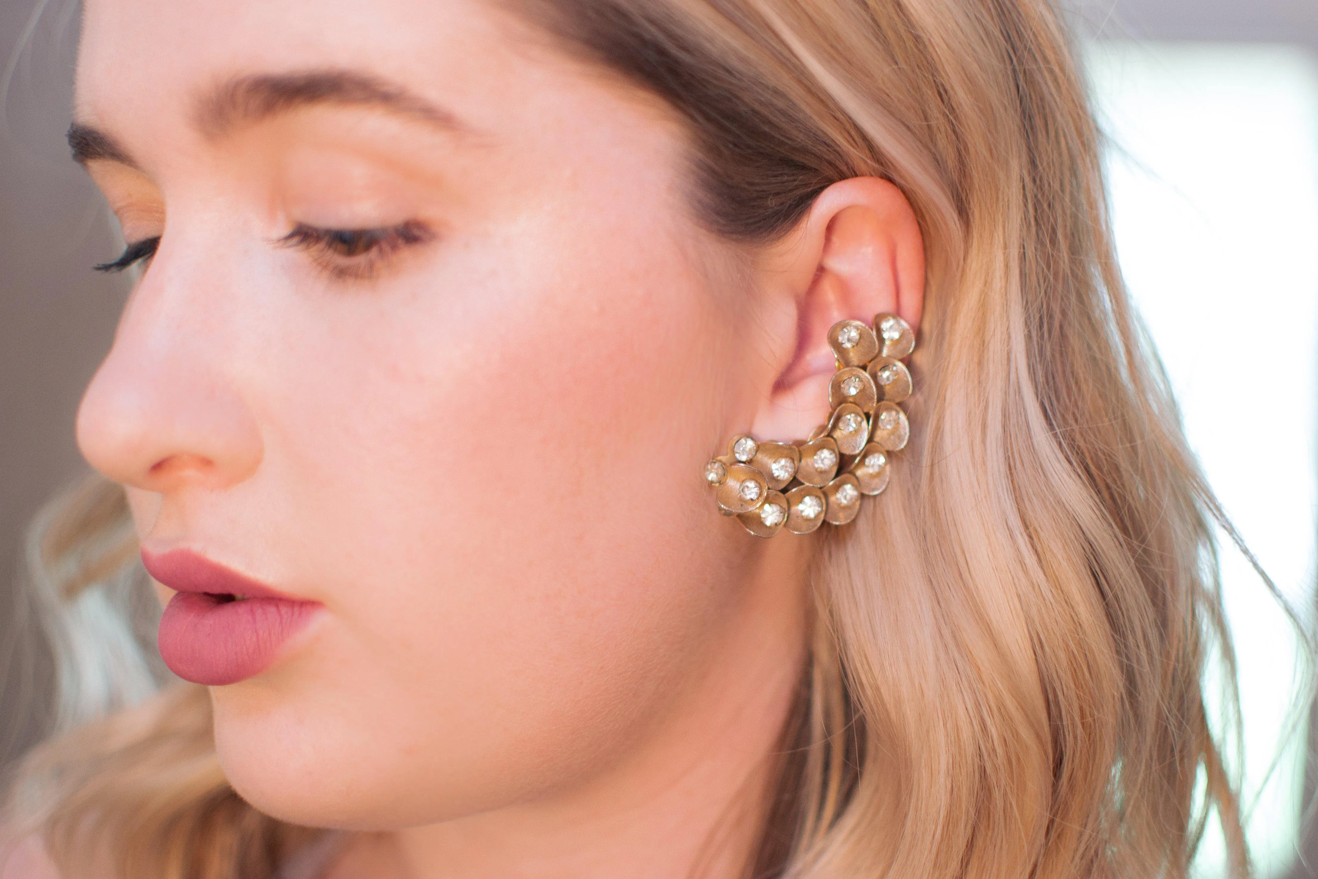 Vintage Gold Wave and Rhinestone Ear Crawler Statement Earrings, Clip On