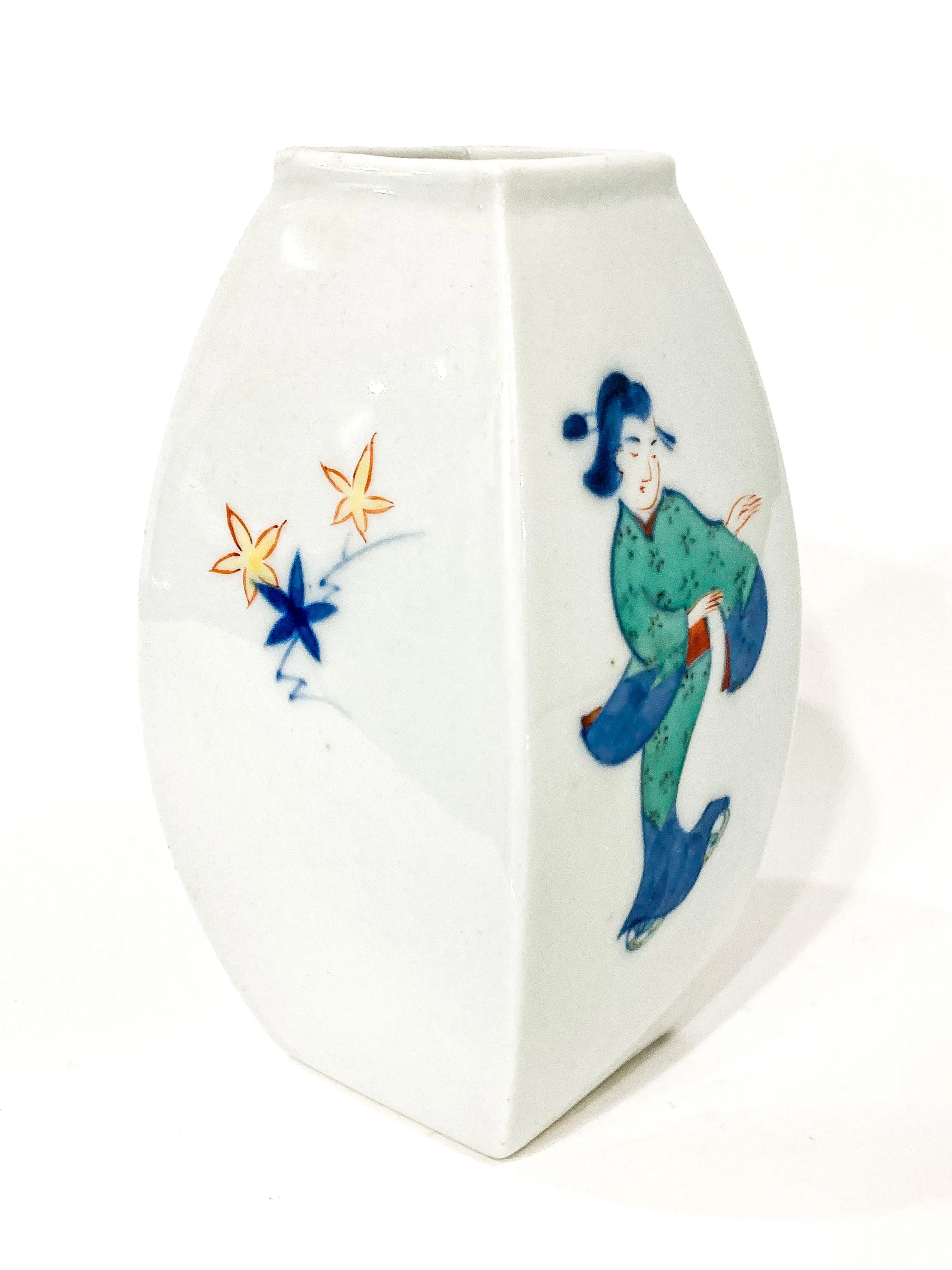 Vintage Hand Painted White Porcelain Bowed Cabinet Vase Japan 1950s