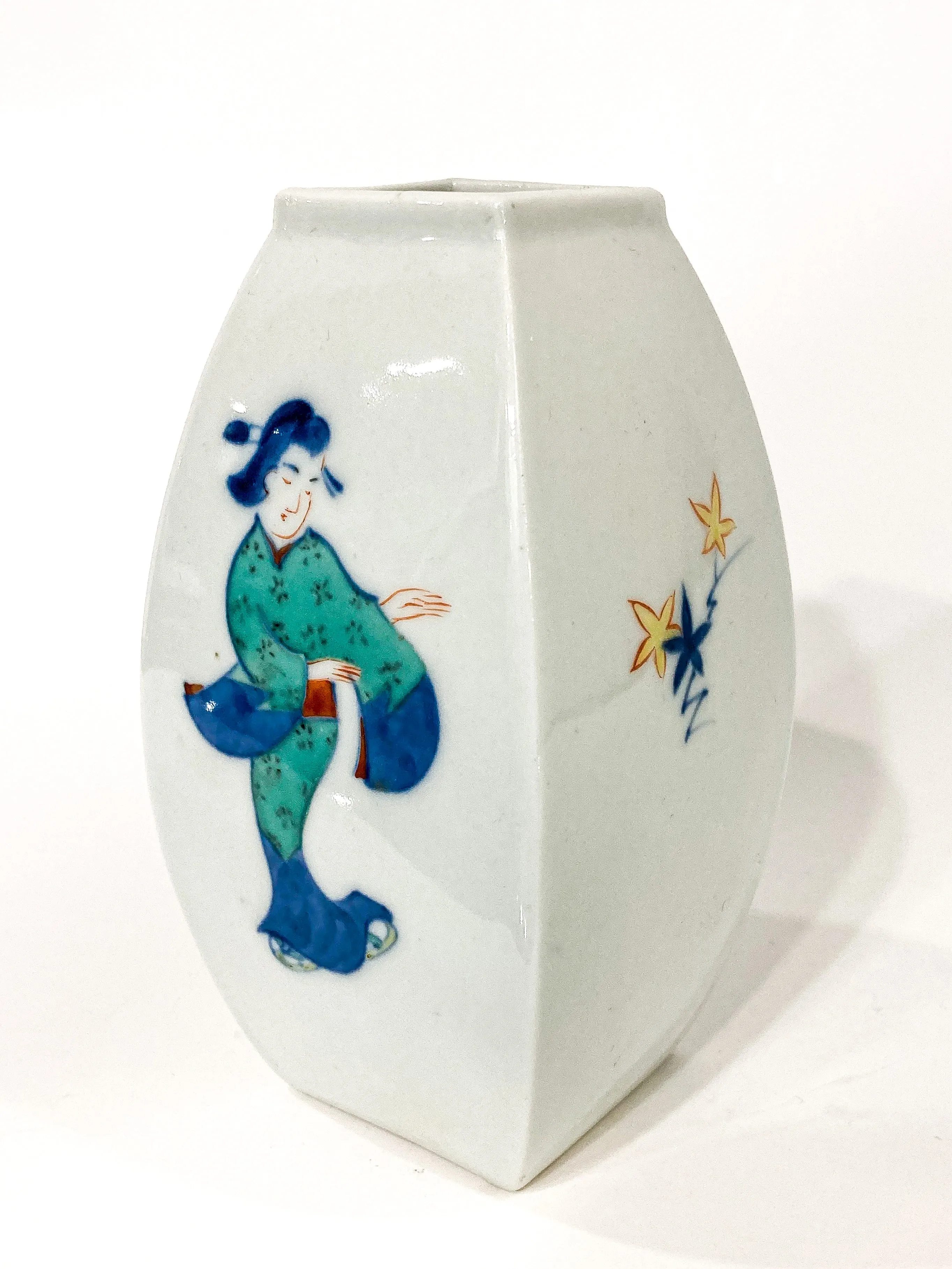 Vintage Hand Painted White Porcelain Bowed Cabinet Vase Japan 1950s