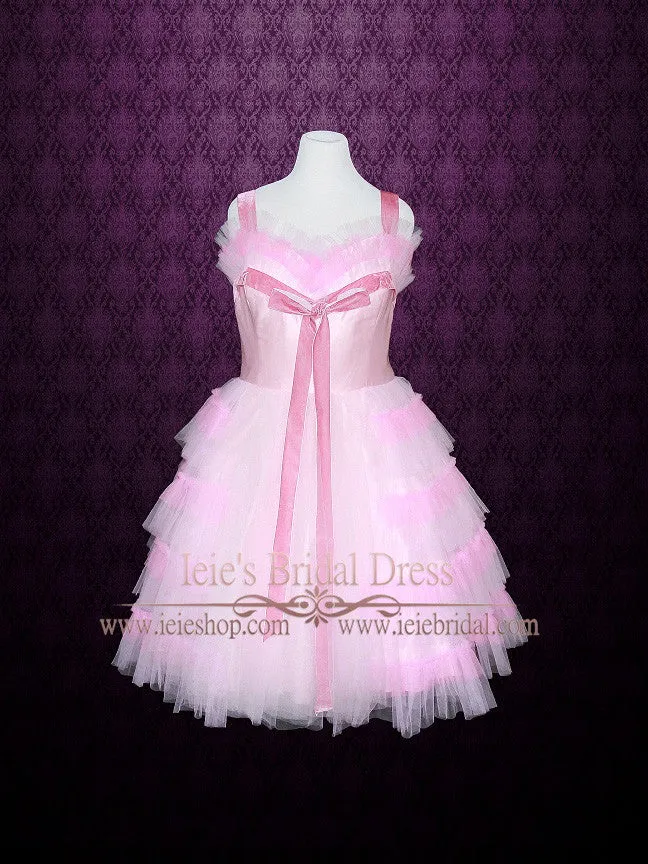 Vintage Inspired Pink Tulle Tea Length Prom Dress Formal Dress EMMY