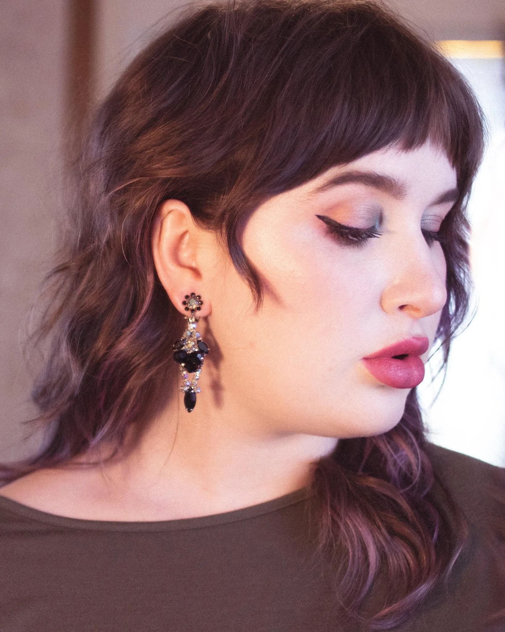 Vintage Jet and Blue Aurora Borealis Statement Earrings