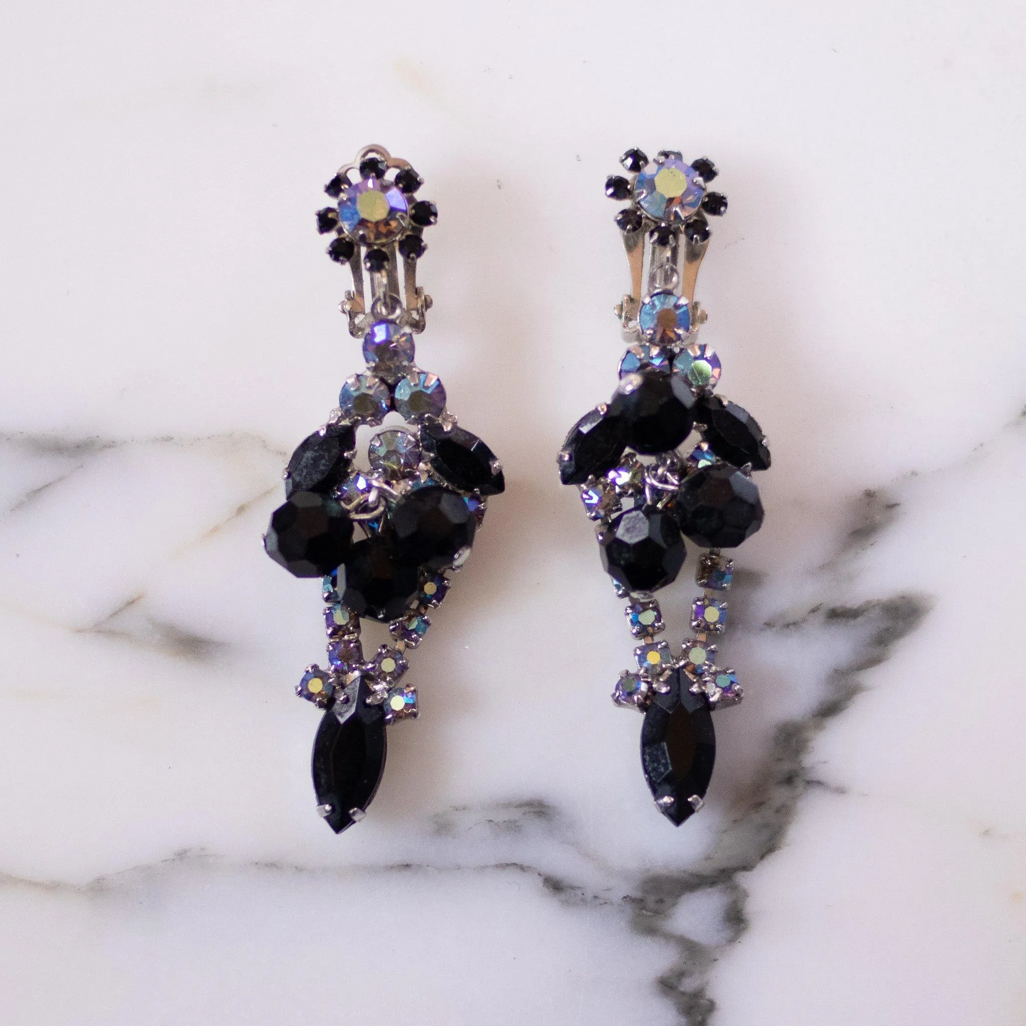 Vintage Jet and Blue Aurora Borealis Statement Earrings
