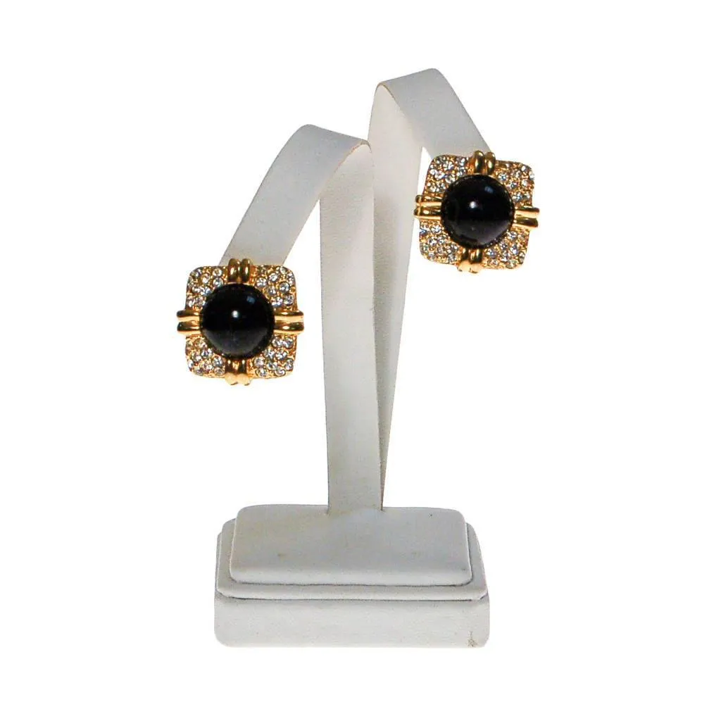 Vintage Joan Rivers Pave Rhinestone and Black Cabochon Earrings