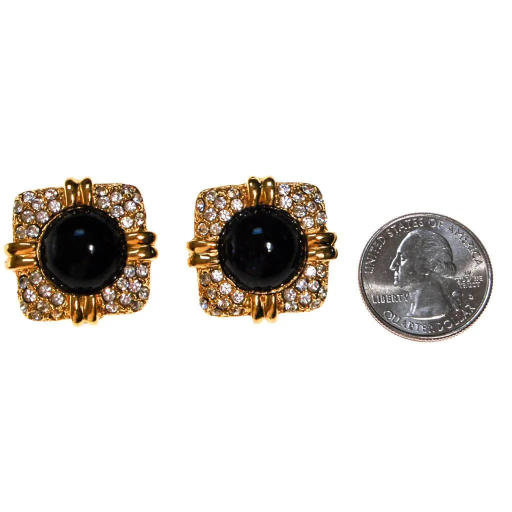 Vintage Joan Rivers Pave Rhinestone and Black Cabochon Earrings
