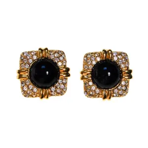 Vintage Joan Rivers Pave Rhinestone and Black Cabochon Earrings