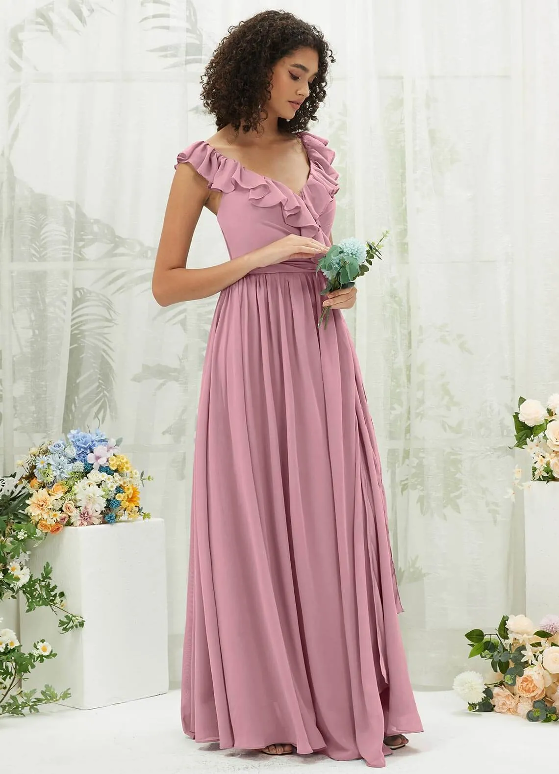 Vintage Mauve Chiffon Ruffle Cross Straps V-Neck Wrap Bridesmaid Dress